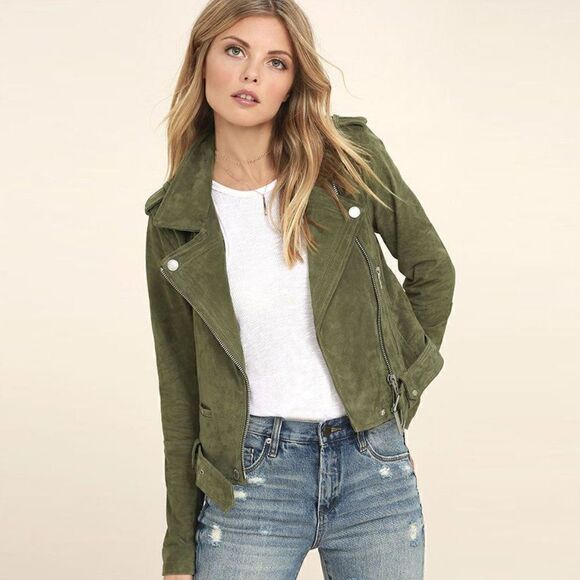 BlankNYC Backhanded Olive Green Suede Leather Moto Jacket - Picture 1 of 5